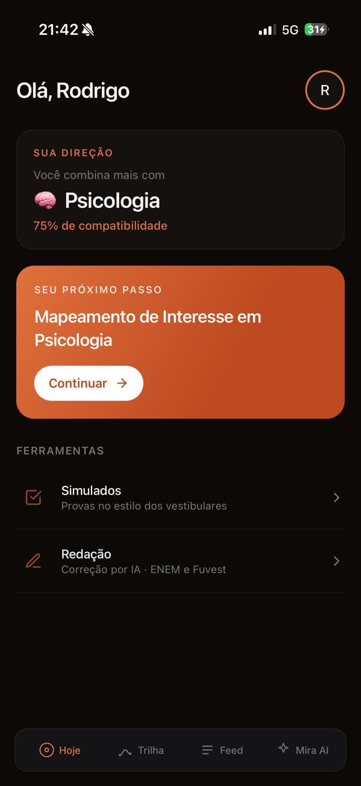 Tela Hoje do app Mira