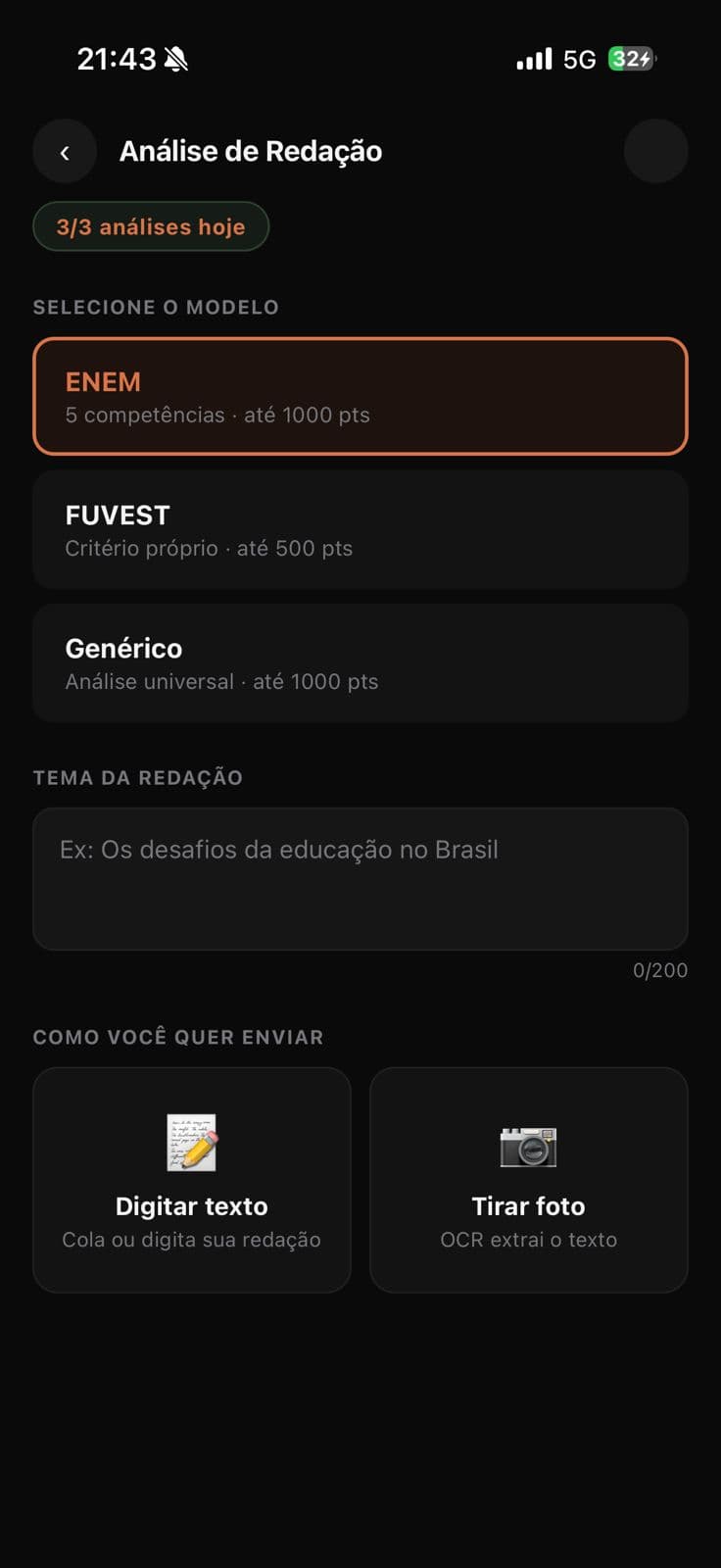 Tela Redação do app Mira