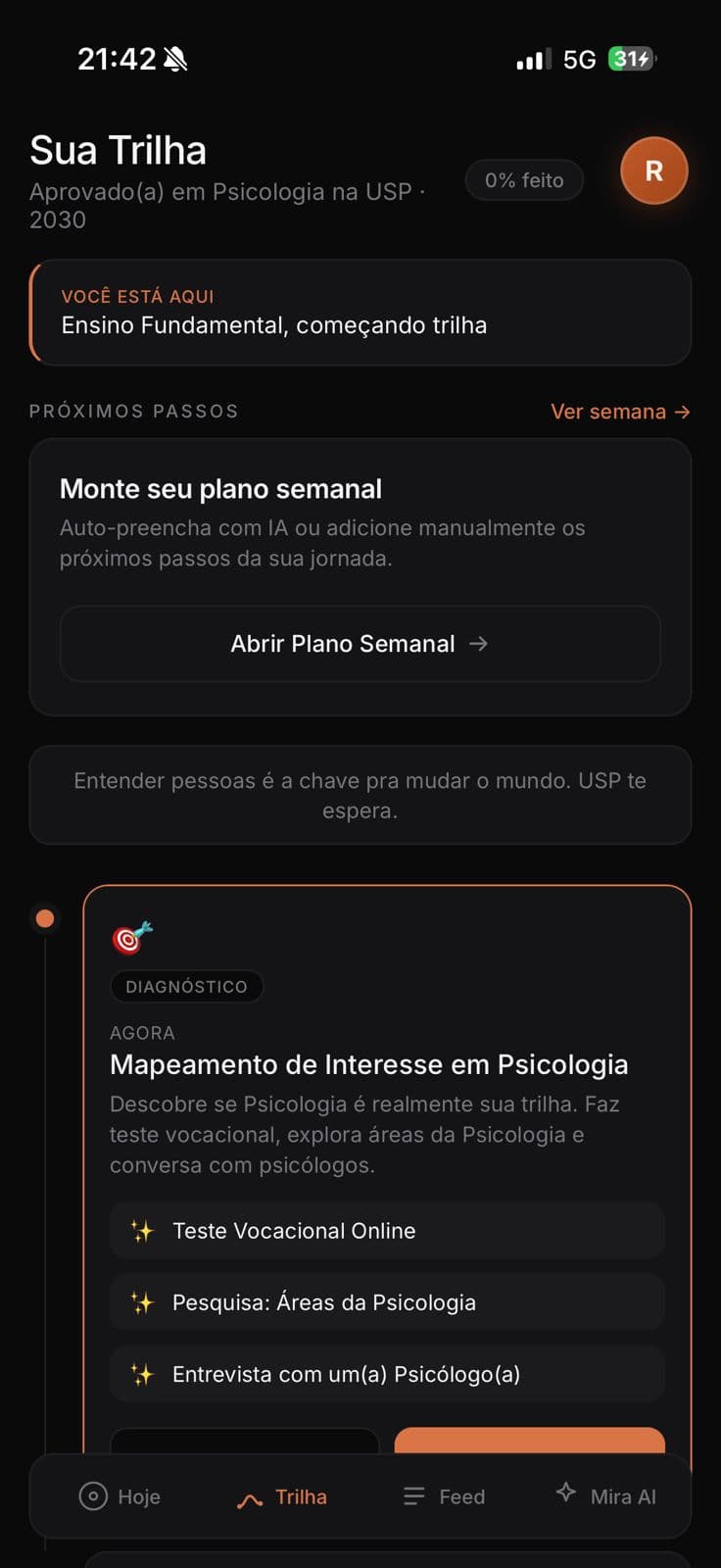 Tela Trilha do app Mira